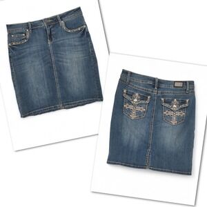 Y2K Earl Jeans Rhinestone Denim Mini Skirt 6P McBling Western Glam 2000s